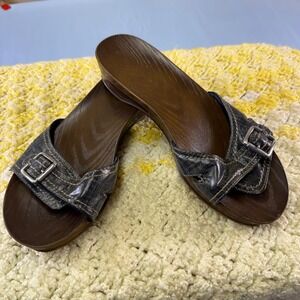 Womens Dr. Scholls Brown Wood Grain Slide Sandals Metal Denim Buckle Strap Siz 8